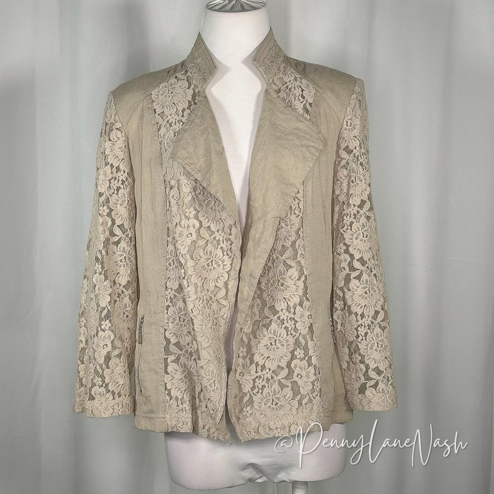 Chicos Lace Draped Open Front Jacket Size 2 Tan - Picture 2 of 12
